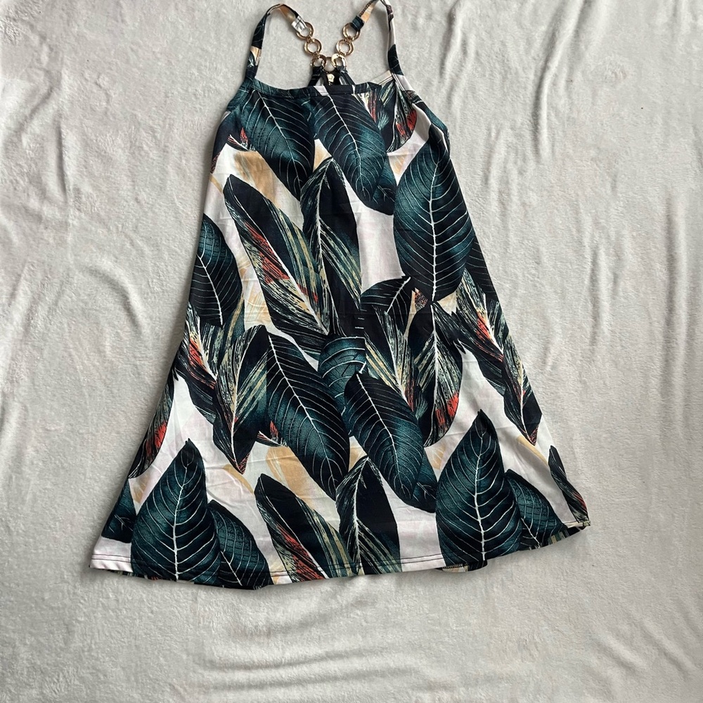 Tropical Leaf Print Dress with Ring Detail - Teal & Black